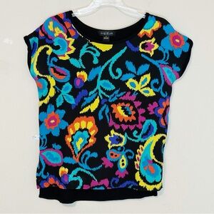 August Silk Black Multicolor Shortsleeve Top with Side Slits - size S